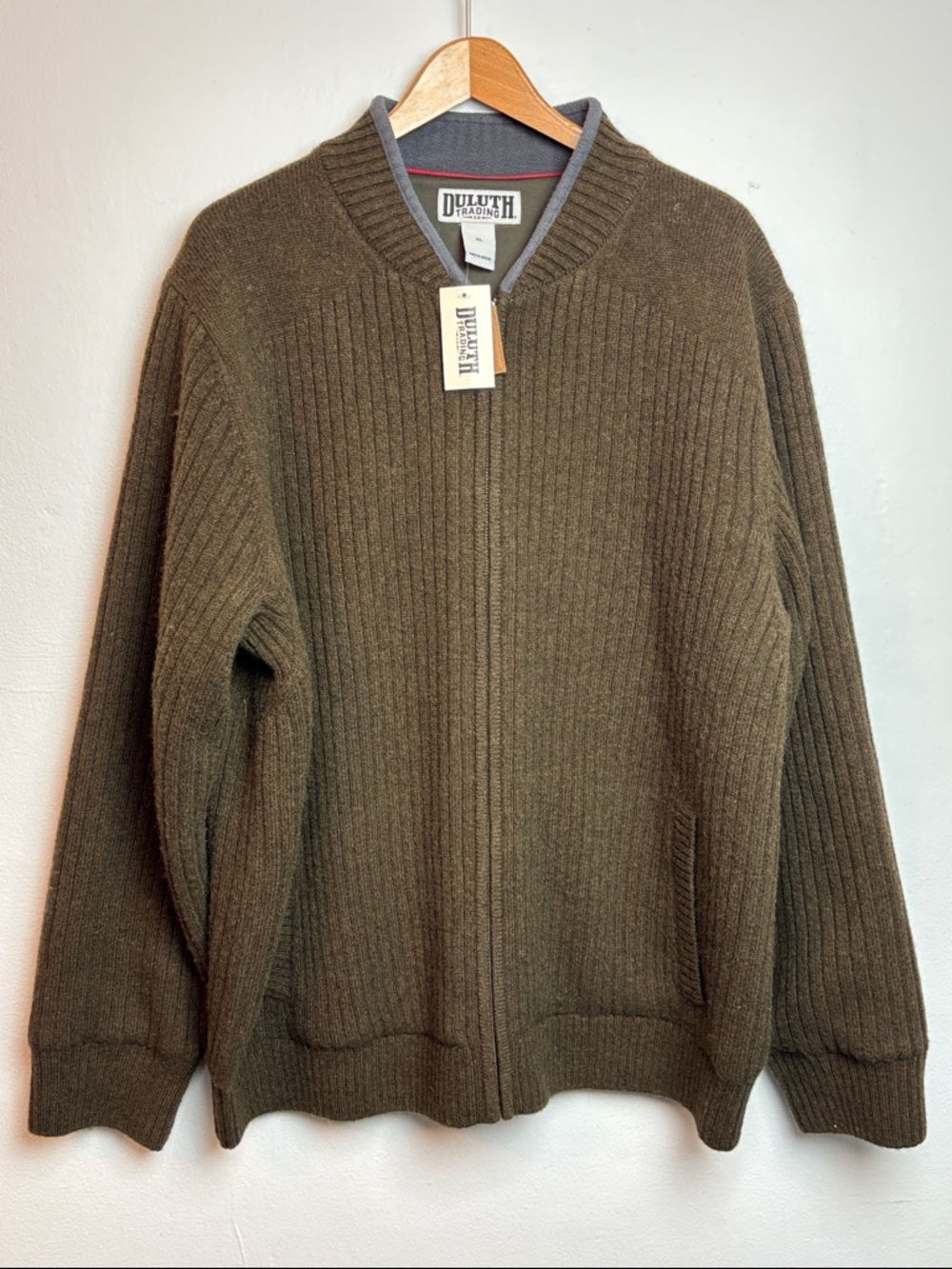 NWT‎ Duluth Trading Co Men’s XL Shetland Wool Windproof Zip Sweater Olive Green